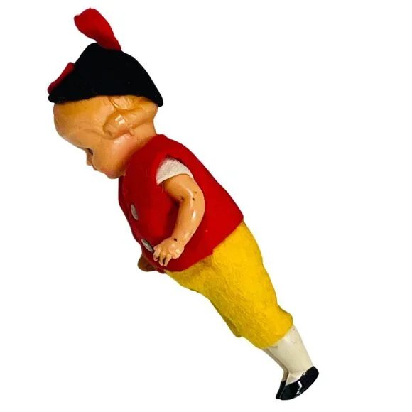 3" Doll With Red Vest Yellow Pants & Black Hat Painted Face Movable Arms & Legs - Picture 3 of 6